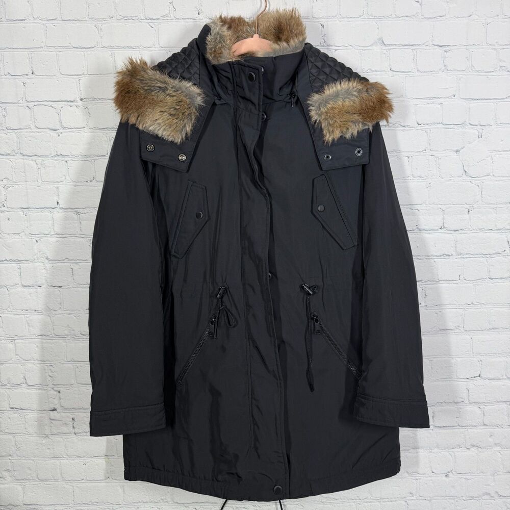 Marc New York Womens Medium Black Down Puffer Parka Coat Faux Fur Hood Long - Picture 2 of 16
